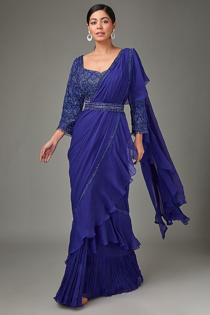 Midnight Blue Silk Chiffon & Net Hand Embroidered Saree Set by Sana Barreja