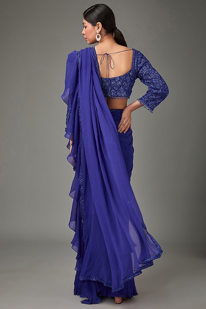 Midnight Blue Silk Chiffon & Net Hand Embroidered Wedding Saree Set by Sana Barreja at Pernia's Pop Up Shop