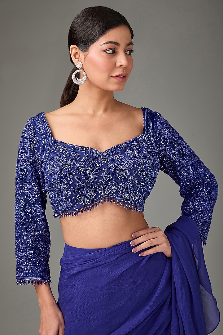 Midnight Blue Silk Chiffon & Net Hand Embroidered Wedding Saree Set by Sana Barreja at Pernia's Pop Up Shop