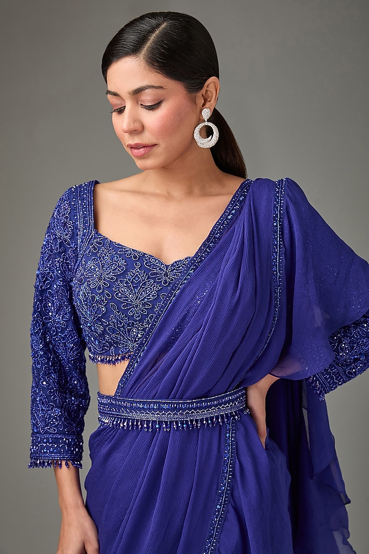 Midnight Blue Silk Chiffon & Net Hand Embroidered Wedding Saree Set by Sana Barreja at Pernia's Pop Up Shop