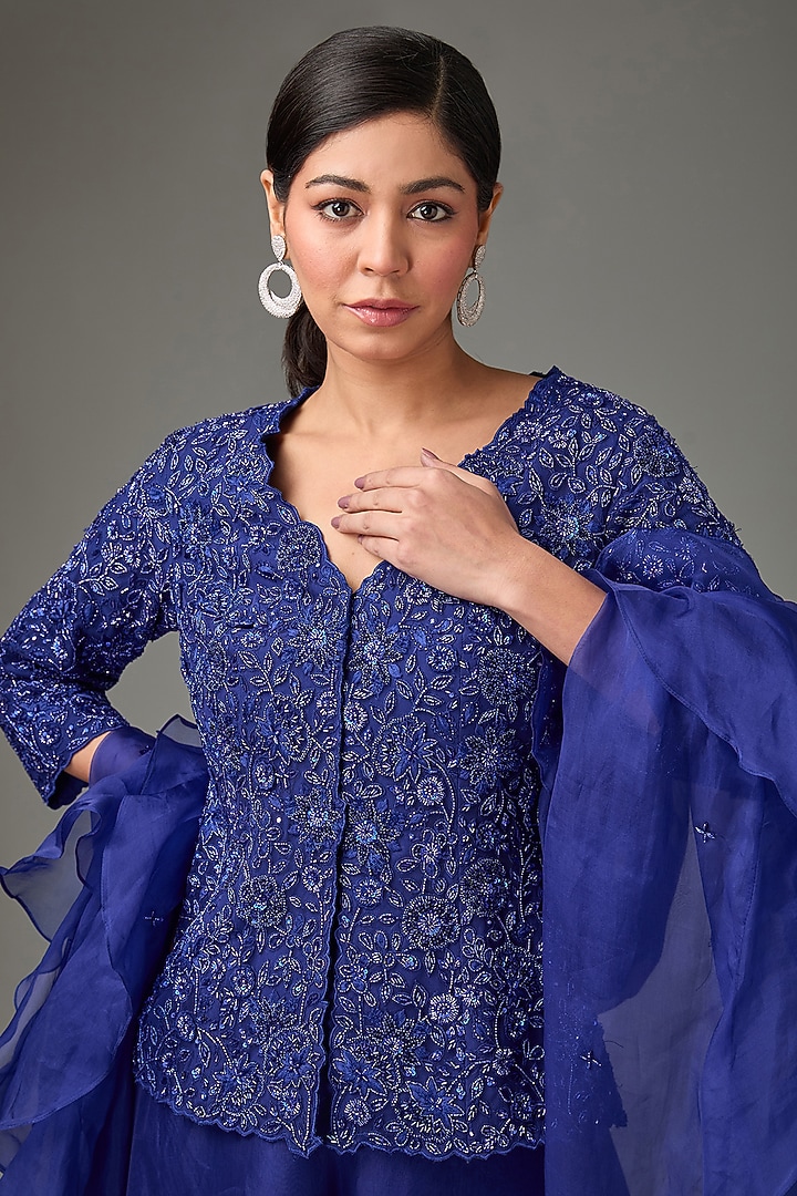Midnight Blue Net & Silk Organza Wedding Sharara Set by Sana Barreja at Pernia's Pop Up Shop