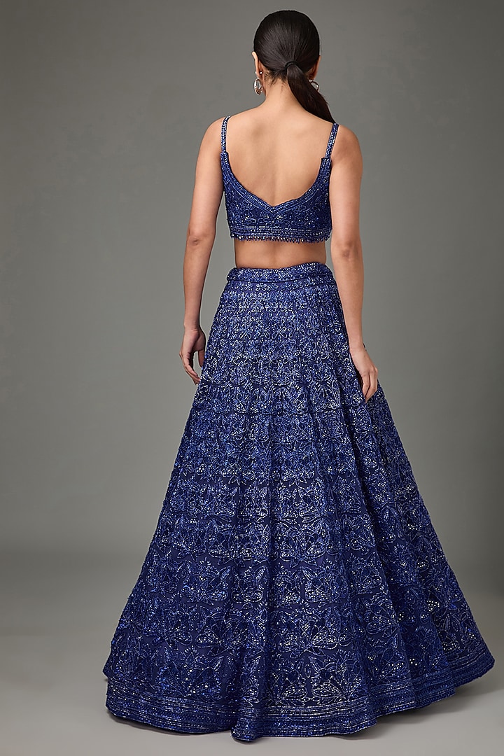 Midnight Blue Net & Silk Hand Embroidered Bridal Lehenga Set by Sana Barreja at Pernia's Pop Up Shop