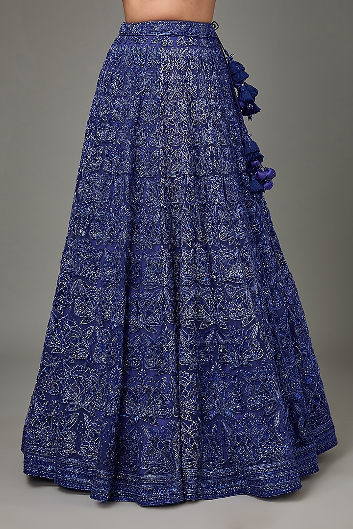 Midnight Blue Net & Silk Hand Embroidered Bridal Lehenga Set by Sana Barreja at Pernia's Pop Up Shop