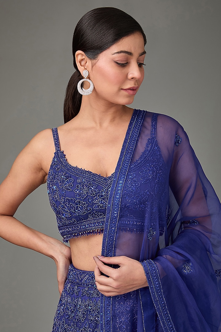 Midnight Blue Net & Silk Hand Embroidered Bridal Lehenga Set by Sana Barreja at Pernia's Pop Up Shop