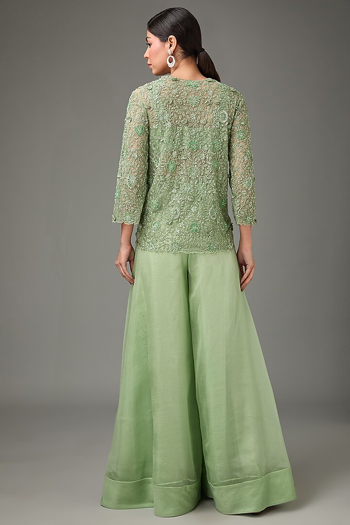 Sage Green Net & Silk Organza Wedding Sharara Set by Sana Barreja at Pernia's Pop Up Shop