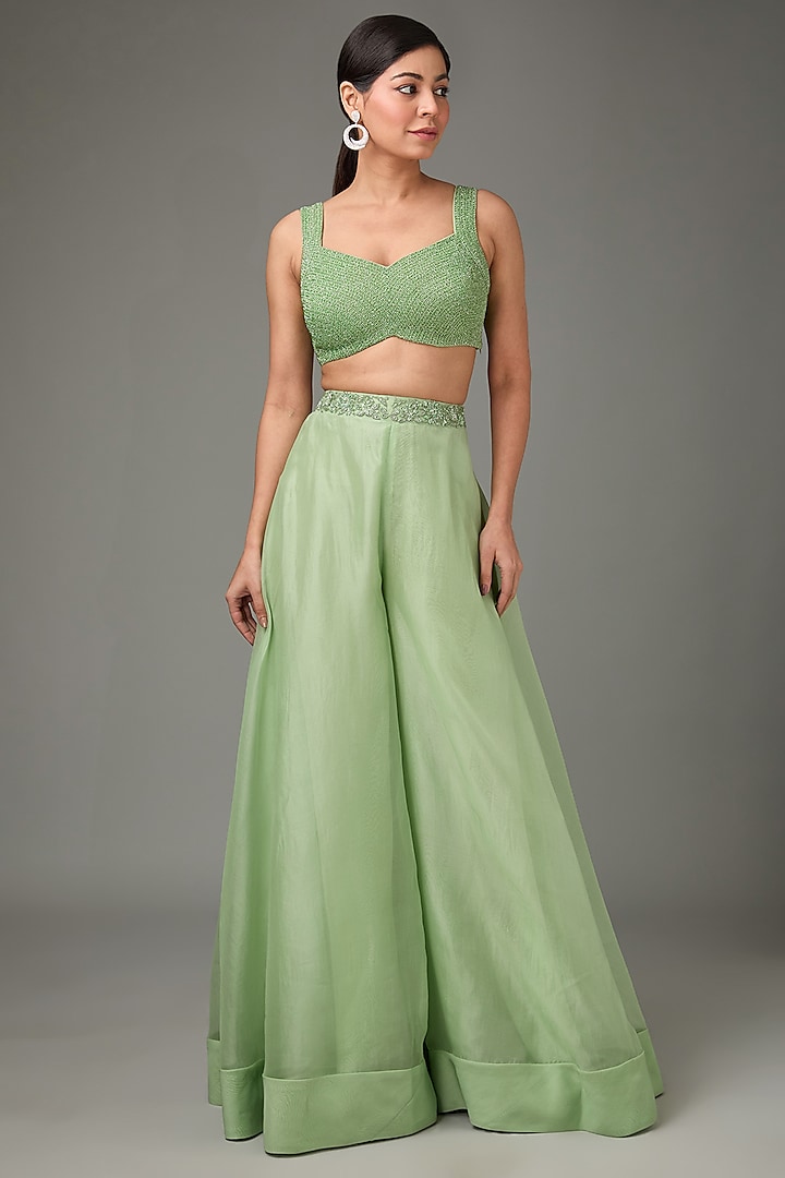 Sage Green Net & Silk Organza Wedding Sharara Set by Sana Barreja at Pernia's Pop Up Shop