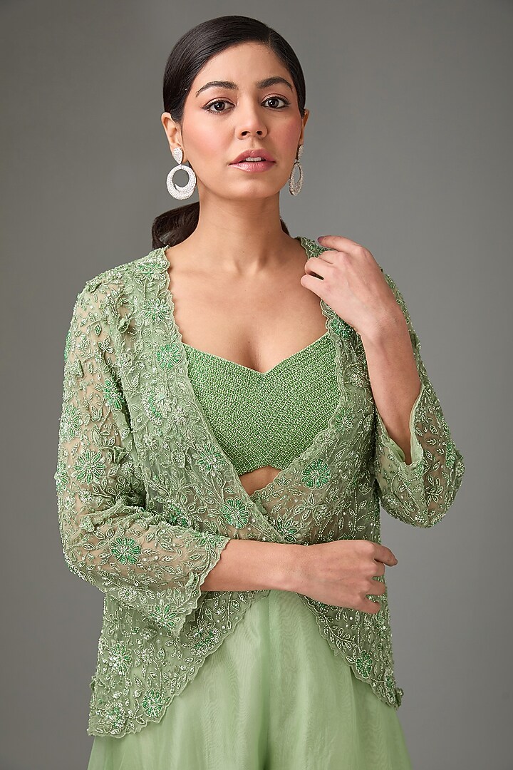 Sage Green Net & Silk Organza Wedding Sharara Set by Sana Barreja at Pernia's Pop Up Shop