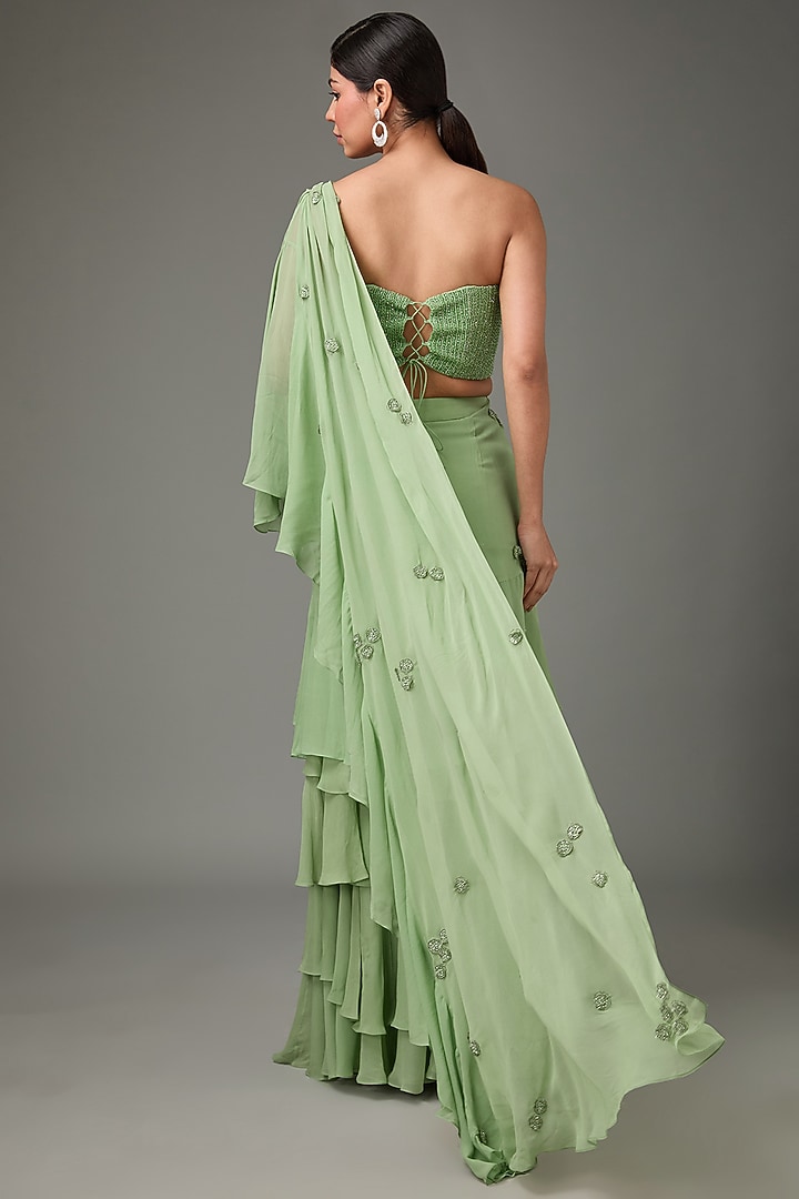 Sage Green Net & Georgette Hand Embroidered Wedding Saree Set by Sana Barreja at Pernia's Pop Up Shop