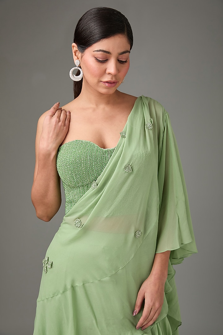 Sage Green Net & Georgette Hand Embroidered Wedding Saree Set by Sana Barreja at Pernia's Pop Up Shop