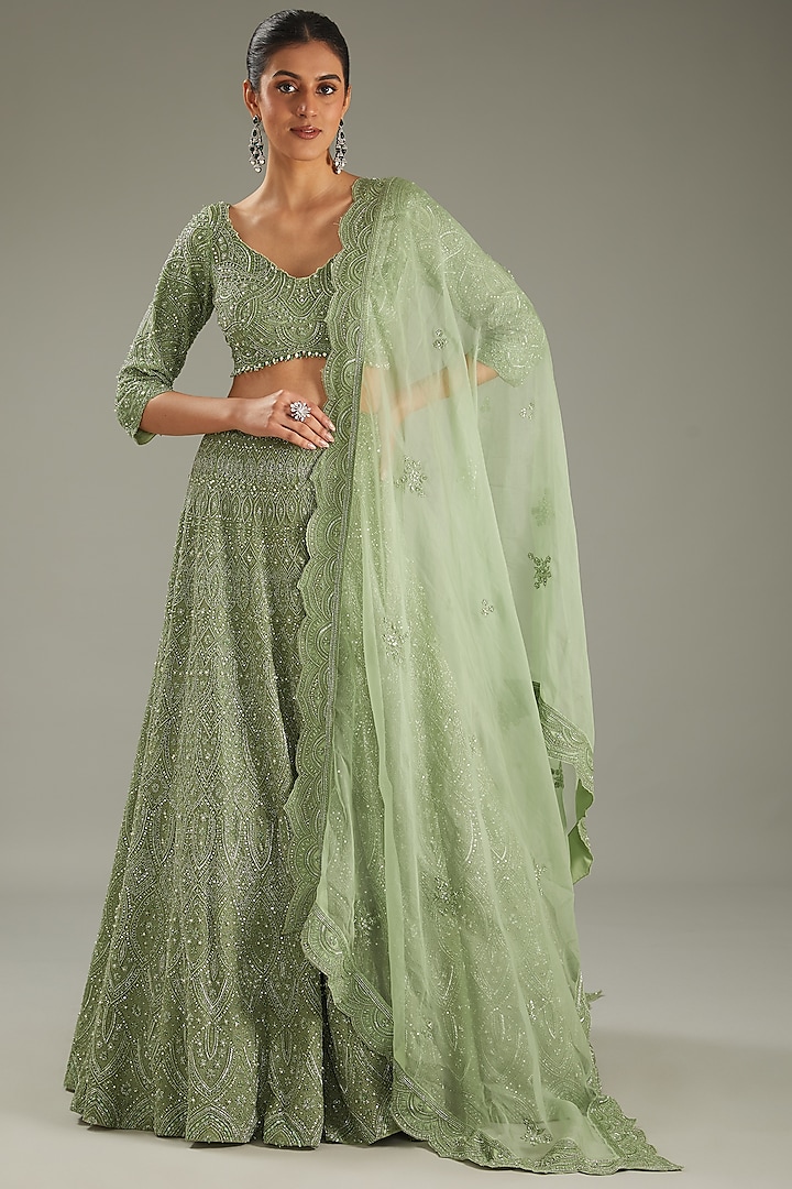 Mint Green Net Hand Embroidered Lehenga Set by Sana Barreja