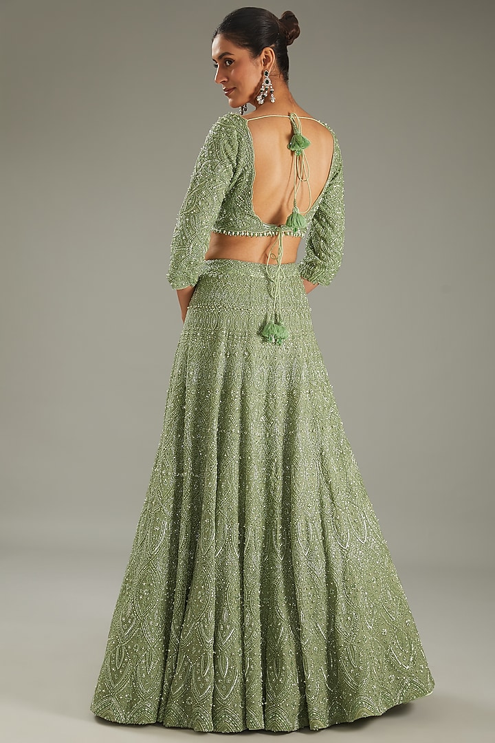 Mint Green Net Hand Embroidered Bridal Lehenga Set by Sana Barreja at Pernia's Pop Up Shop