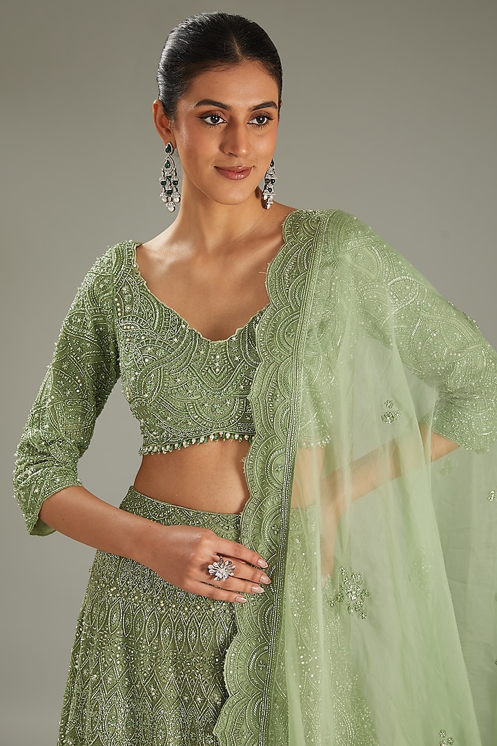 Mint Green Net Hand Embroidered Bridal Lehenga Set by Sana Barreja at Pernia's Pop Up Shop