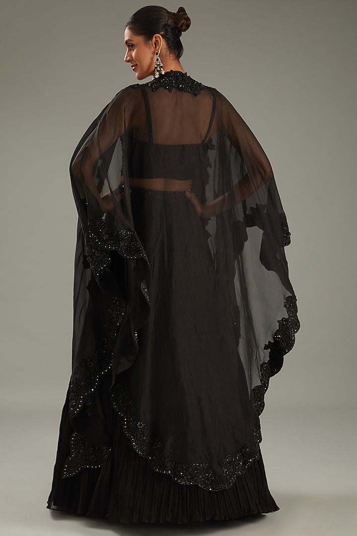 Black Georgette Hand Embroidered Jacket Wedding Lehenga Set by Sana Barreja at Pernia's Pop Up Shop