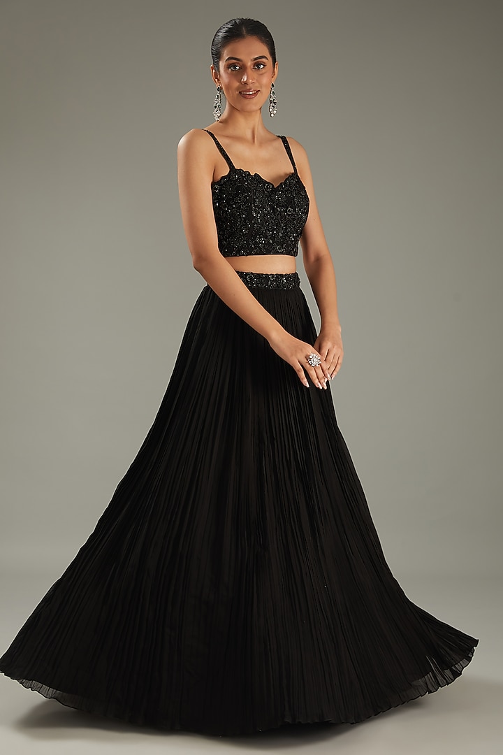 Black Georgette Hand Embroidered Jacket Wedding Lehenga Set by Sana Barreja at Pernia's Pop Up Shop