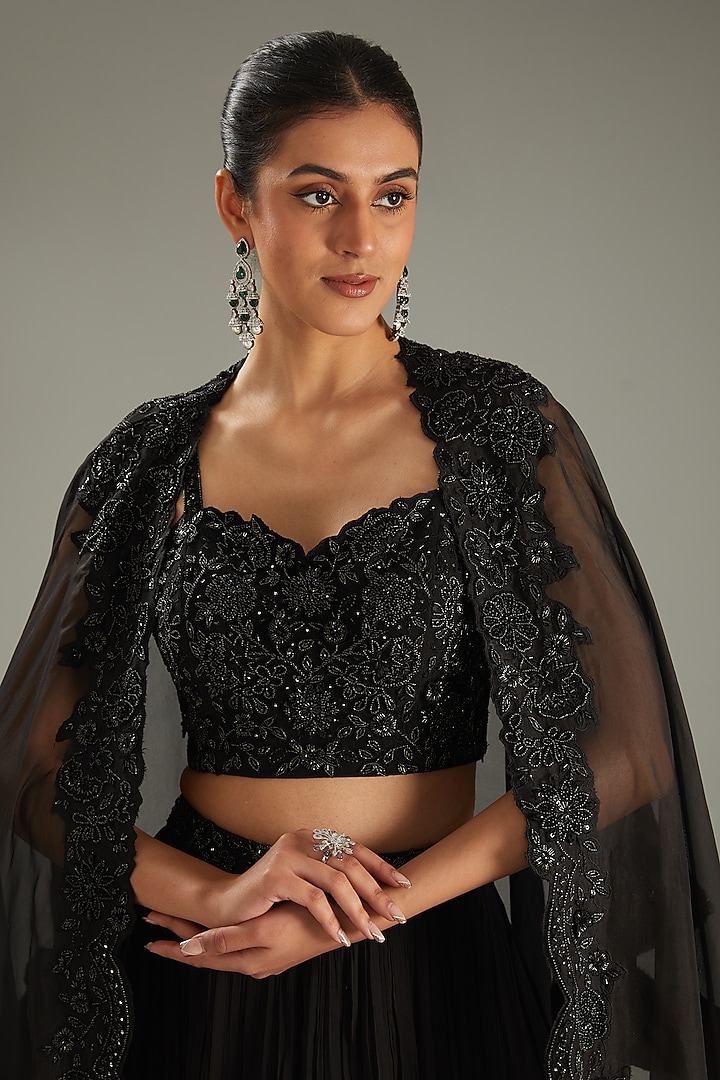 Black Georgette Hand Embroidered Jacket Wedding Lehenga Set by Sana Barreja at Pernia's Pop Up Shop