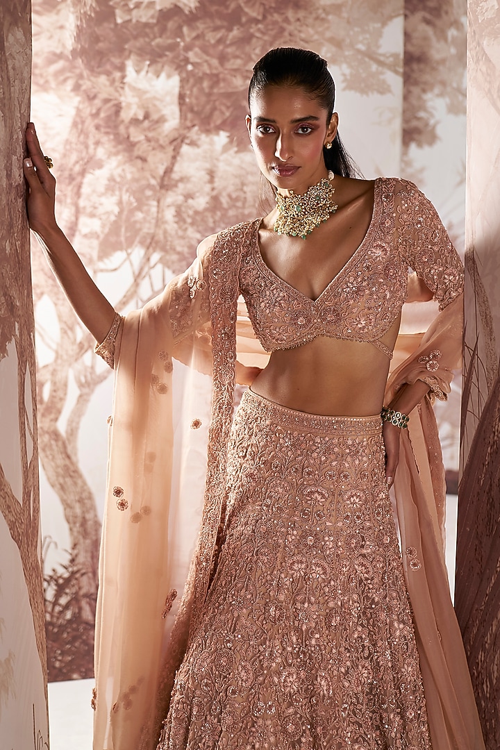 Champagne Net Hand Embroidered Bridal Lehenga Set by Sana Barreja at Pernia's Pop Up Shop