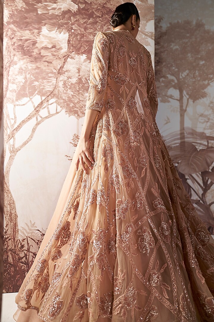Champagne Net Hand Embroidered Jacket Set by Sana Barreja at Pernia's Pop Up Shop