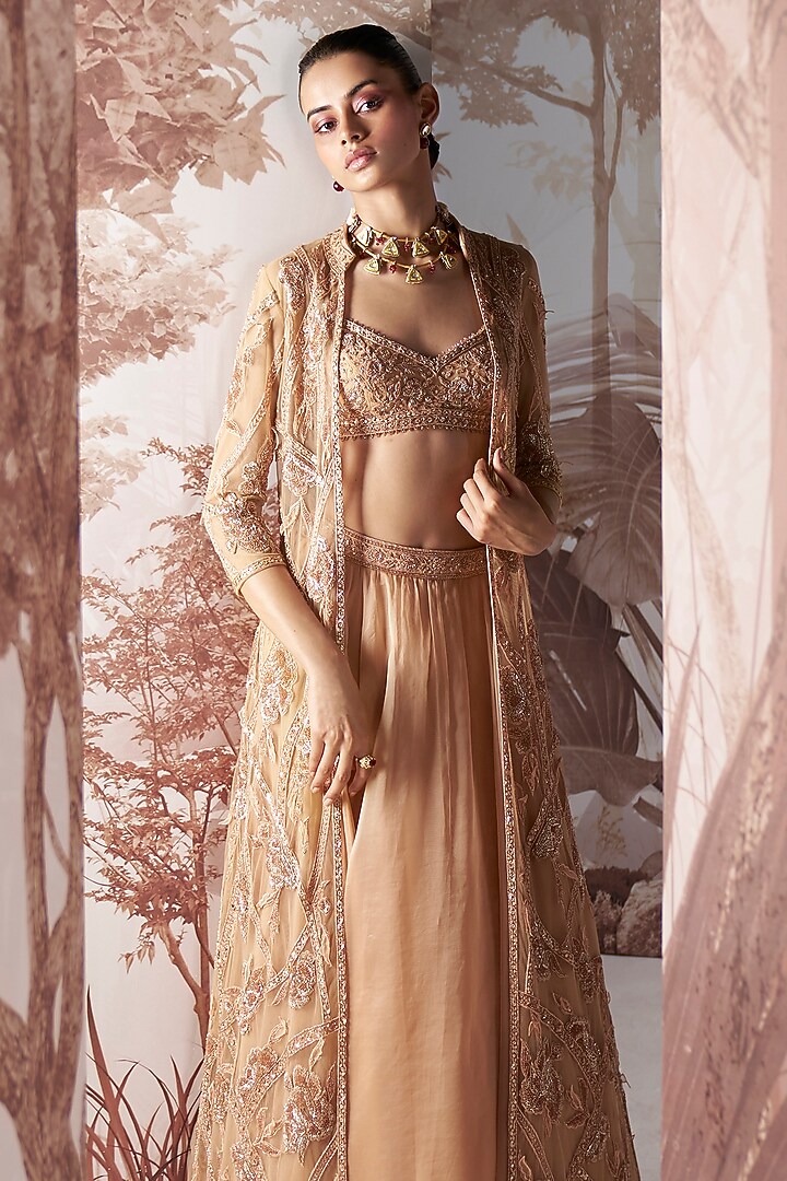 Champagne Net Hand Embroidered Jacket Set by Sana Barreja at Pernia's Pop Up Shop