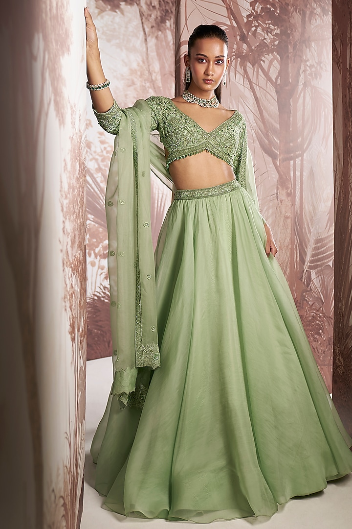 Mint Green Organza Wedding Lehenga Set by Sana Barreja at Pernia's Pop Up Shop