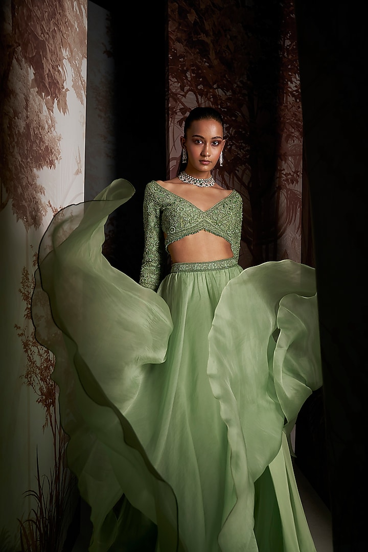 Mint Green Organza Wedding Lehenga Set by Sana Barreja at Pernia's Pop Up Shop