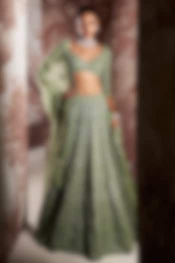 Mint Green Net Hand Embroidered Bridal Lehenga Set by Sana Barreja at Pernia's Pop Up Shop