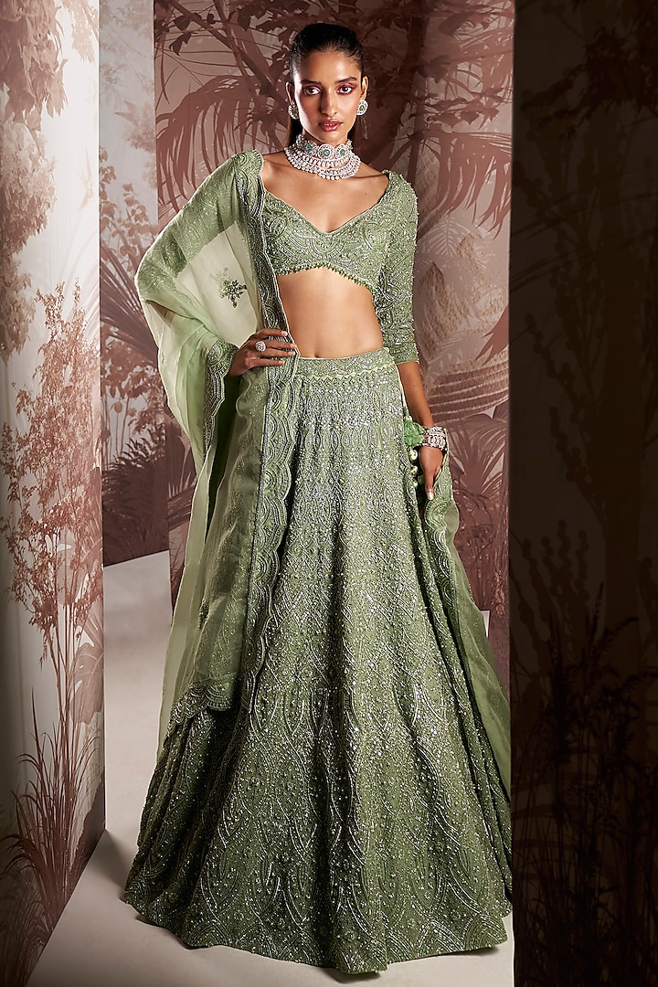 Mint Green Net Hand Embroidered Bridal Lehenga Set by Sana Barreja at Pernia's Pop Up Shop