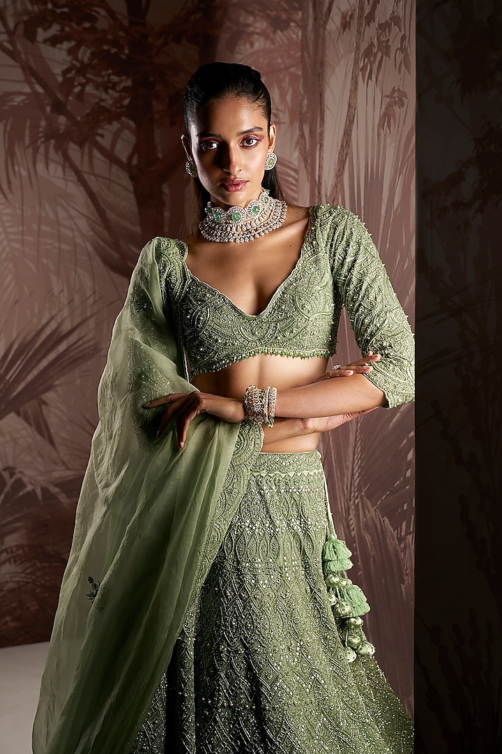Bridal Necklace Mint Green Costume Jewellery Mint Green Net Hand  Embroidered Bridal Lehenga Set By Sana Barreja At Pernia's Pop Up Shop 2026