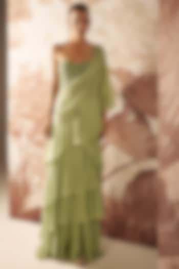 Mint Green Georgette Pre-Stitched Wedding Saree Set by Sana Barreja at Pernia's Pop Up Shop