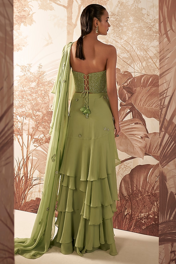 Mint Green Georgette Pre-Stitched Wedding Saree Set by Sana Barreja at Pernia's Pop Up Shop
