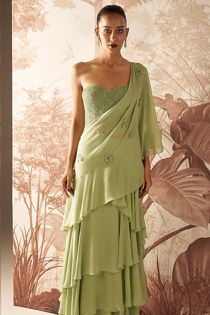 Mint Green Georgette Pre-Stitched Wedding Saree Set by Sana Barreja at Pernia's Pop Up Shop
