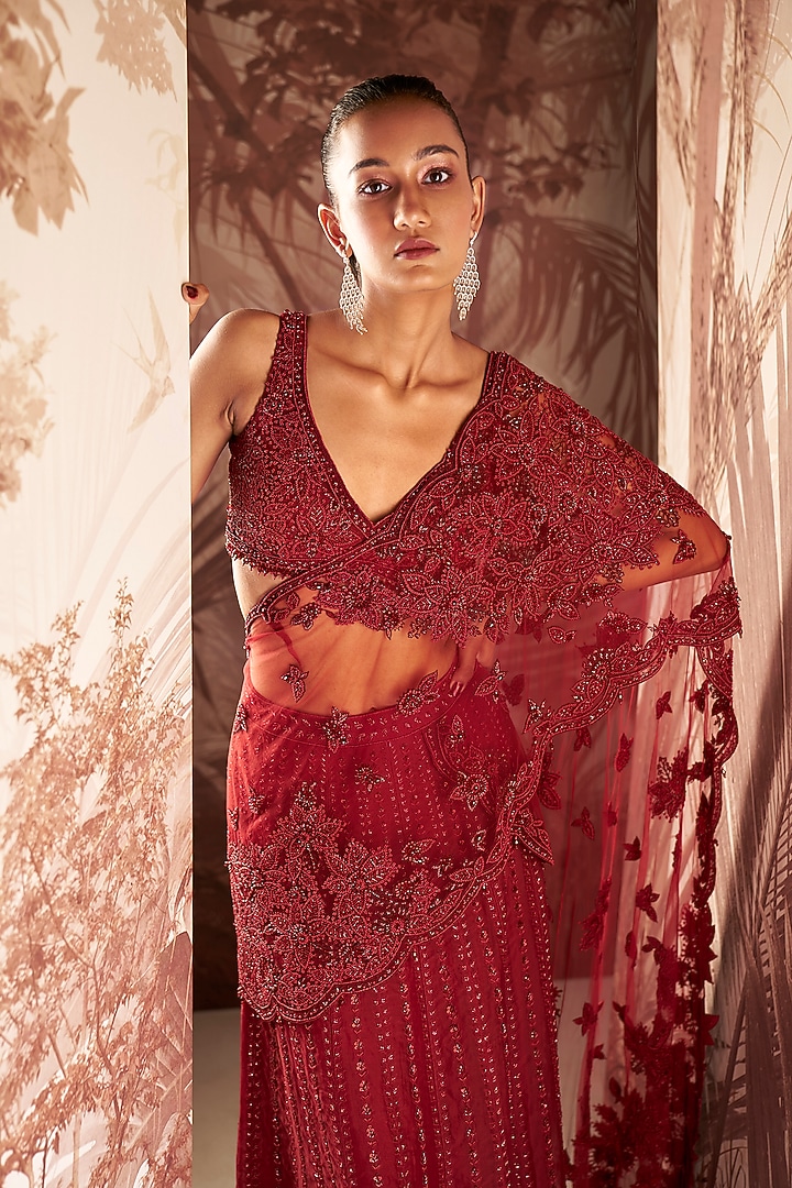 Marsala Red Organza & Net Hand Embroidered Skirt Reception Saree Set by Sana Barreja at Pernia's Pop Up Shop