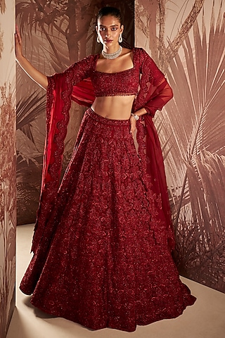 Marsala Red Net Hand Embroidered Lehenga Set by Sana Barreja