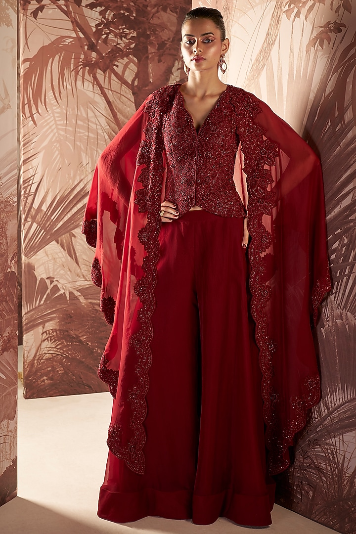 Marsala Red Organza Bridal Sharara Set by Sana Barreja at Pernia's Pop Up Shop