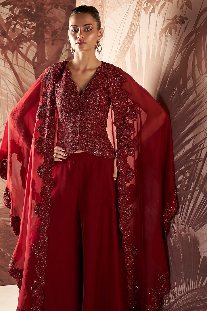 Marsala Red Organza Bridal Sharara Set by Sana Barreja at Pernia's Pop Up Shop
