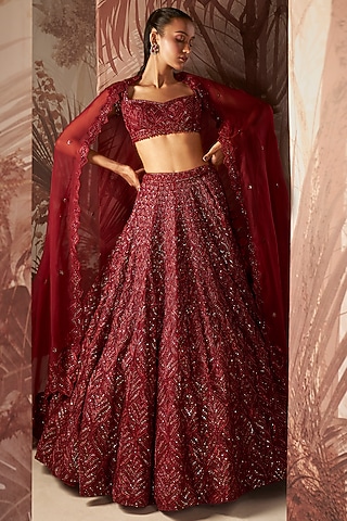 Marsala Red Net Hand Embroidered Lehenga Set by Sana Barreja