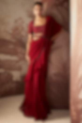 Marsala Red Chiffon Hand Embroidered Pre-Stitched Wedding Saree Set by Sana Barreja at Pernia's Pop Up Shop