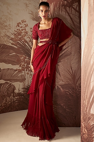 Marsala Red Chiffon Hand Embroidered Pre-Stitched Saree Set by Sana Barreja
