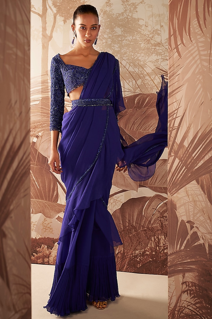Indigo Chiffon Hand Embroidered Pre-Stitched Wedding Saree Set by Sana Barreja at Pernia's Pop Up Shop