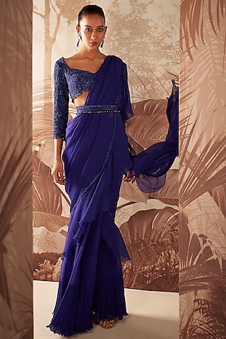 Indigo Chiffon Hand Embroidered Pre-Stitched Saree Set by Sana Barreja