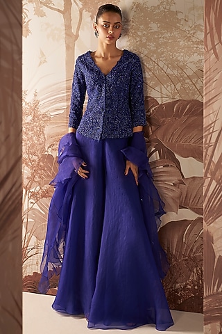 Indigo Organza Sharara Set by Sana Barreja