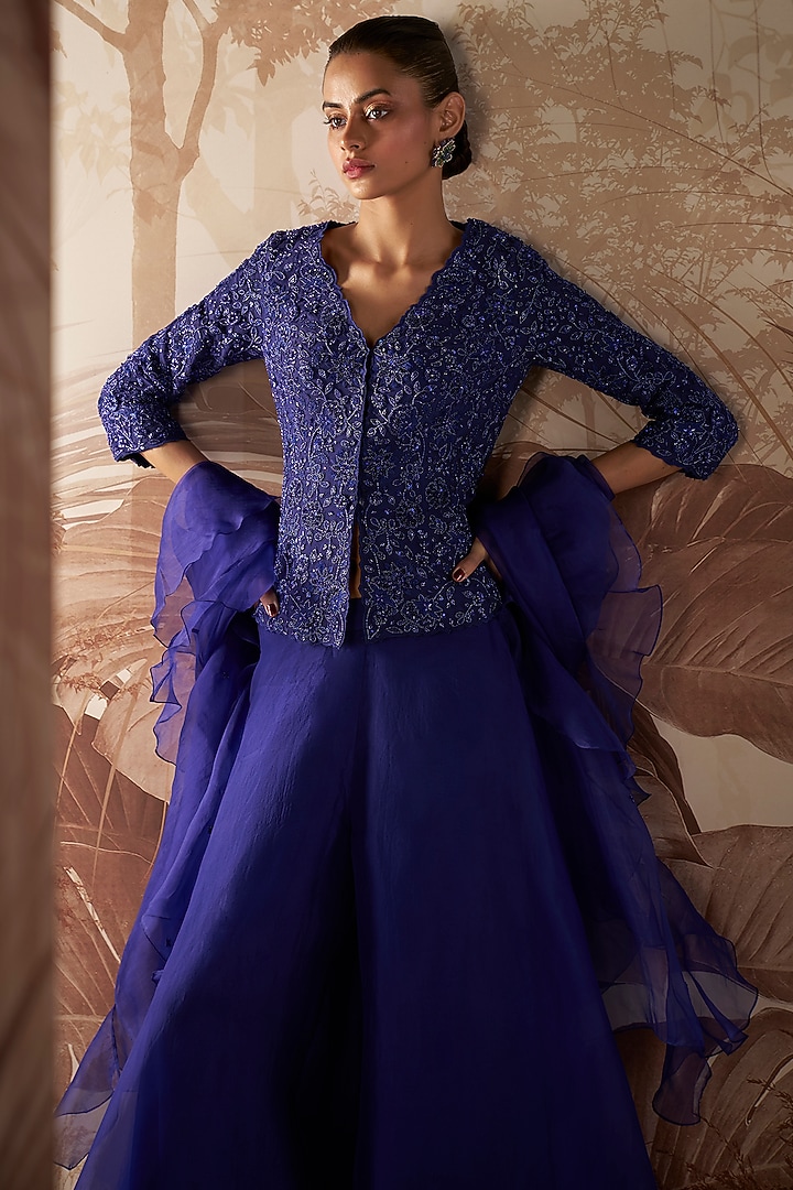 Indigo Organza Wedding Sharara Set by Sana Barreja at Pernia's Pop Up Shop
