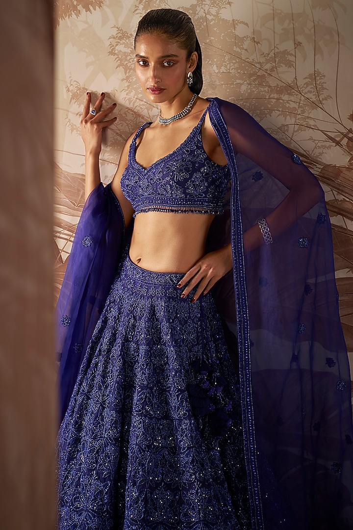 Indigo Net Hand Embroidered Bridal Lehenga Set by Sana Barreja at Pernia's Pop Up Shop