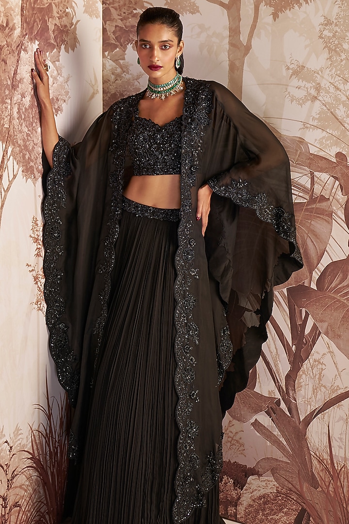 Black Georgette Ruched Skirt Set by Sana Barreja at Pernia's Pop Up Shop