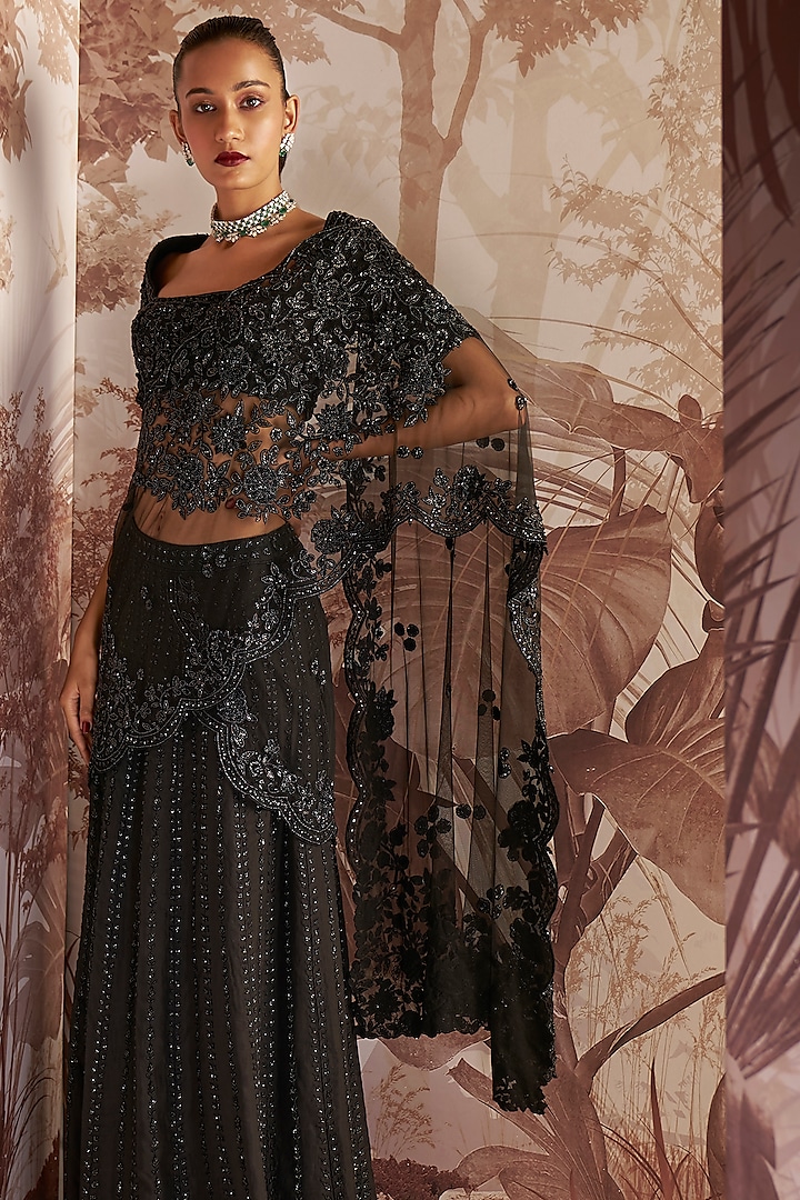 Black Organza & Net Hand Embroidered Skirt Saree Set by Sana Barreja