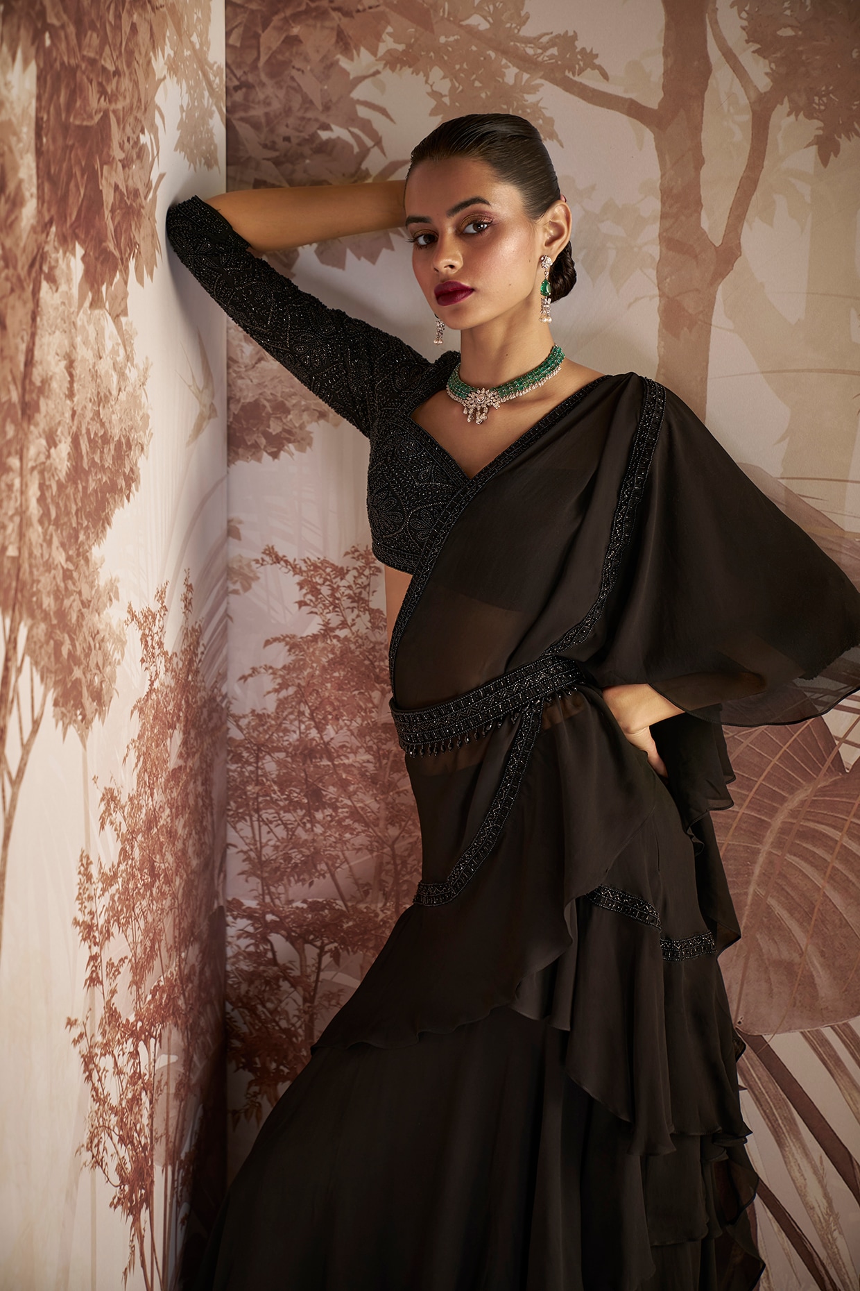 Black Georgette Pre-Stitched Saree Set Design by Pleats By Kaksha & Dimple  at Pernia's Pop Up Shop 2024