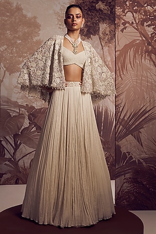 Ivory Georgette Embroidered Jacket Lehenga Set by Sana Barreja