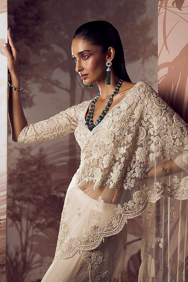Ivory Organza & Net Hand Embroidered Pre-Stitched Reception Saree Set by Sana Barreja at Pernia's Pop Up Shop