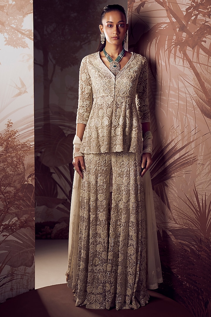 Ivory Net Hand Embroidered Bridal Sharara Set by Sana Barreja at Pernia's Pop Up Shop