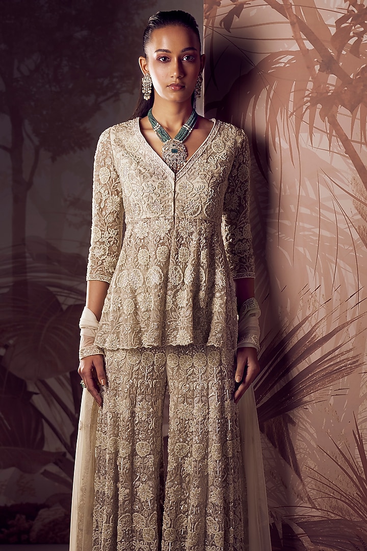 Ivory Net Hand Embroidered Bridal Sharara Set by Sana Barreja at Pernia's Pop Up Shop