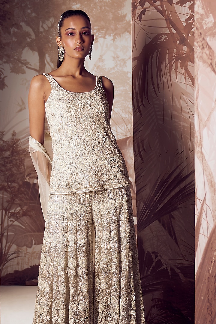 Ivory Net Hand Embroidered Bridal Sharara Set by Sana Barreja at Pernia's Pop Up Shop
